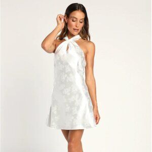 Lulus Ivory Satin Floral Jacquard Halter Mini Dress